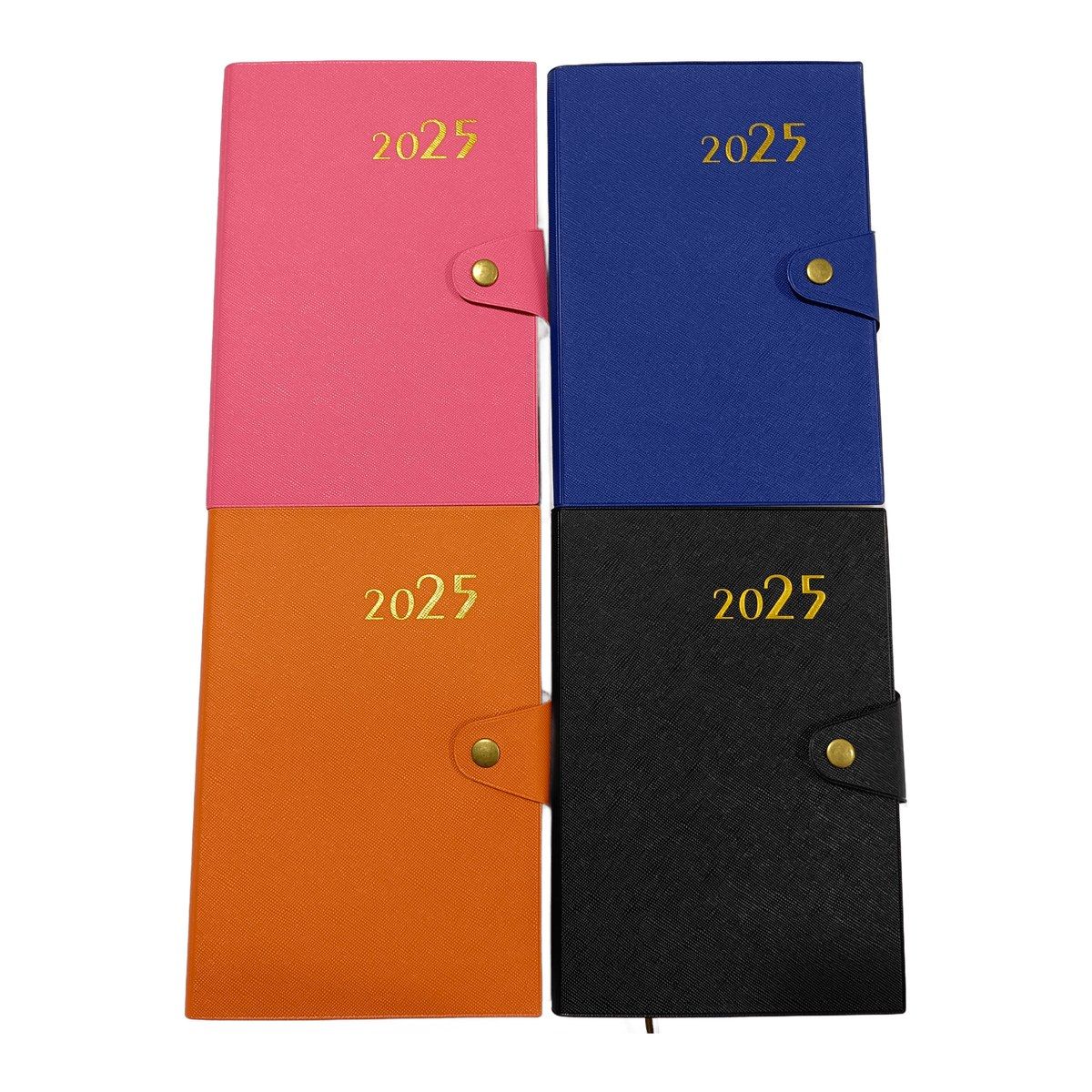 2025 snap-closure agendas in pink, blue, orange and black saffiano covers