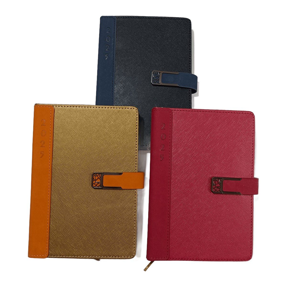 2025 agendas with metal clasp in navy, gold and red saffiano