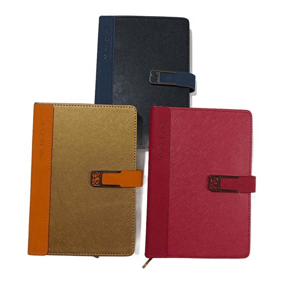2025 agendas with metal clasp in navy, gold and red saffiano