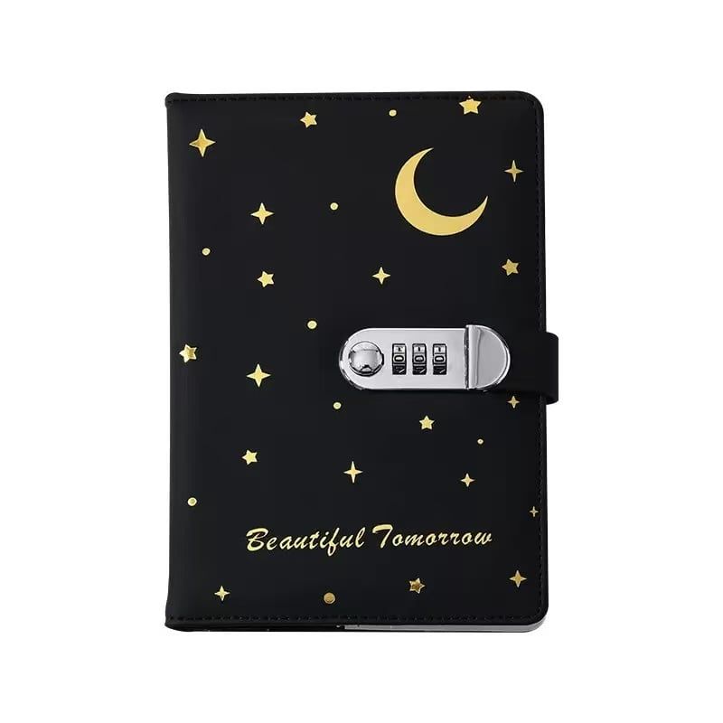 Black moon-and-stars diary with three-digit combination lock