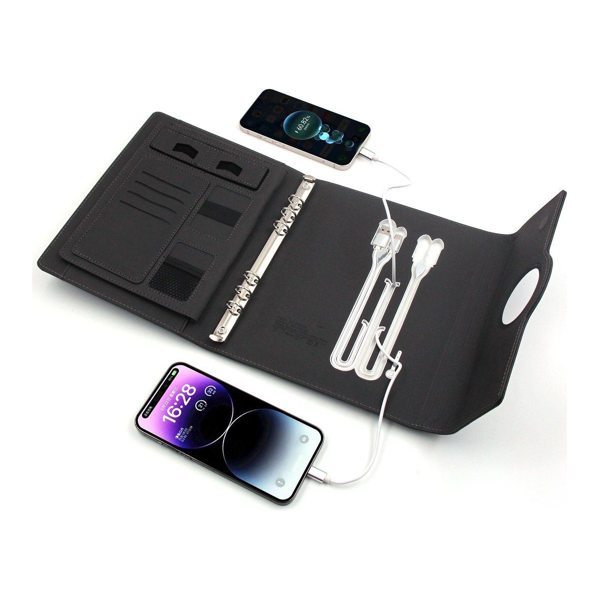 Tri-fold powerbank notebook charging two phones by cable