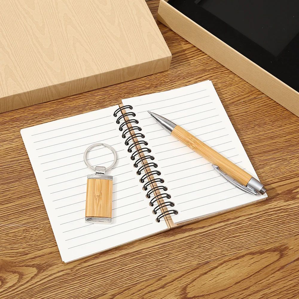 Creative Bamboo Wood Spiral Notebook Business Stationery Supplies Pen Keychain Custom Logo Promotional Gift Set, product detail 1