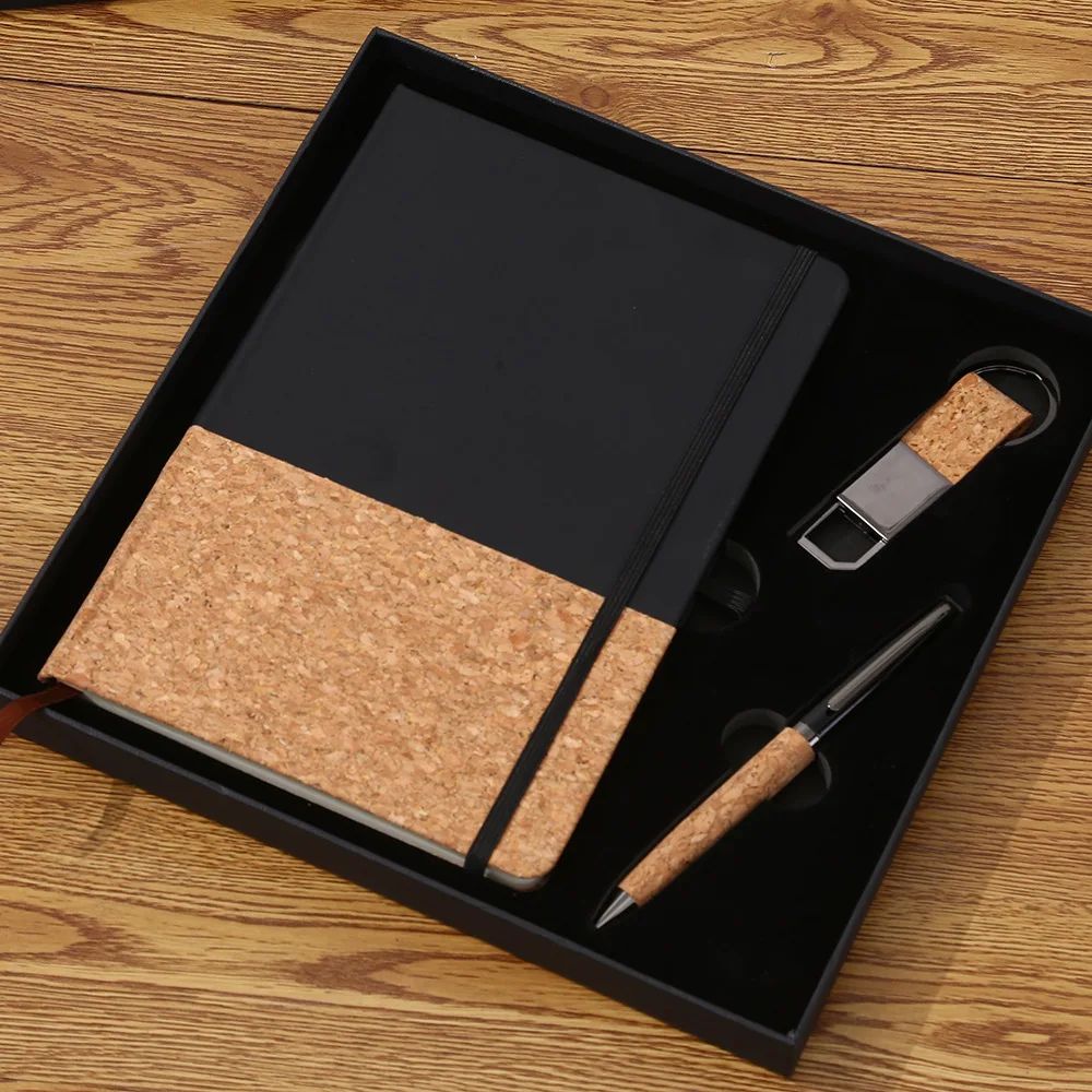 Luxury Business Gift Set Notebook Pu Cork Combine Pen Custom Key Chain Logo OEM Office Cooperate Gift Set, product detail 1