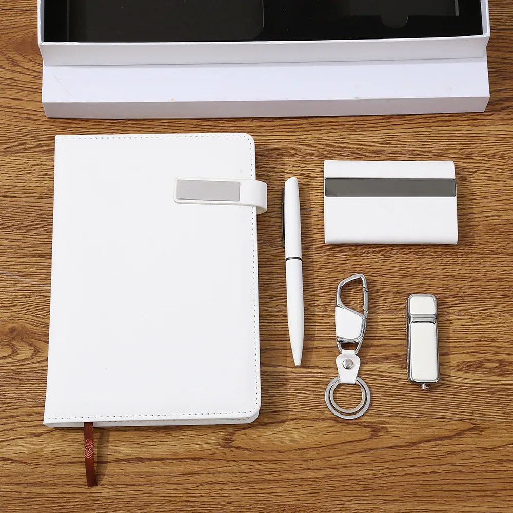 Pure White Business Luxury Set Keychain Pen Name Card Holder Premium USB Flash Drive Notebook OEM Logo Gift Set, product detail 1