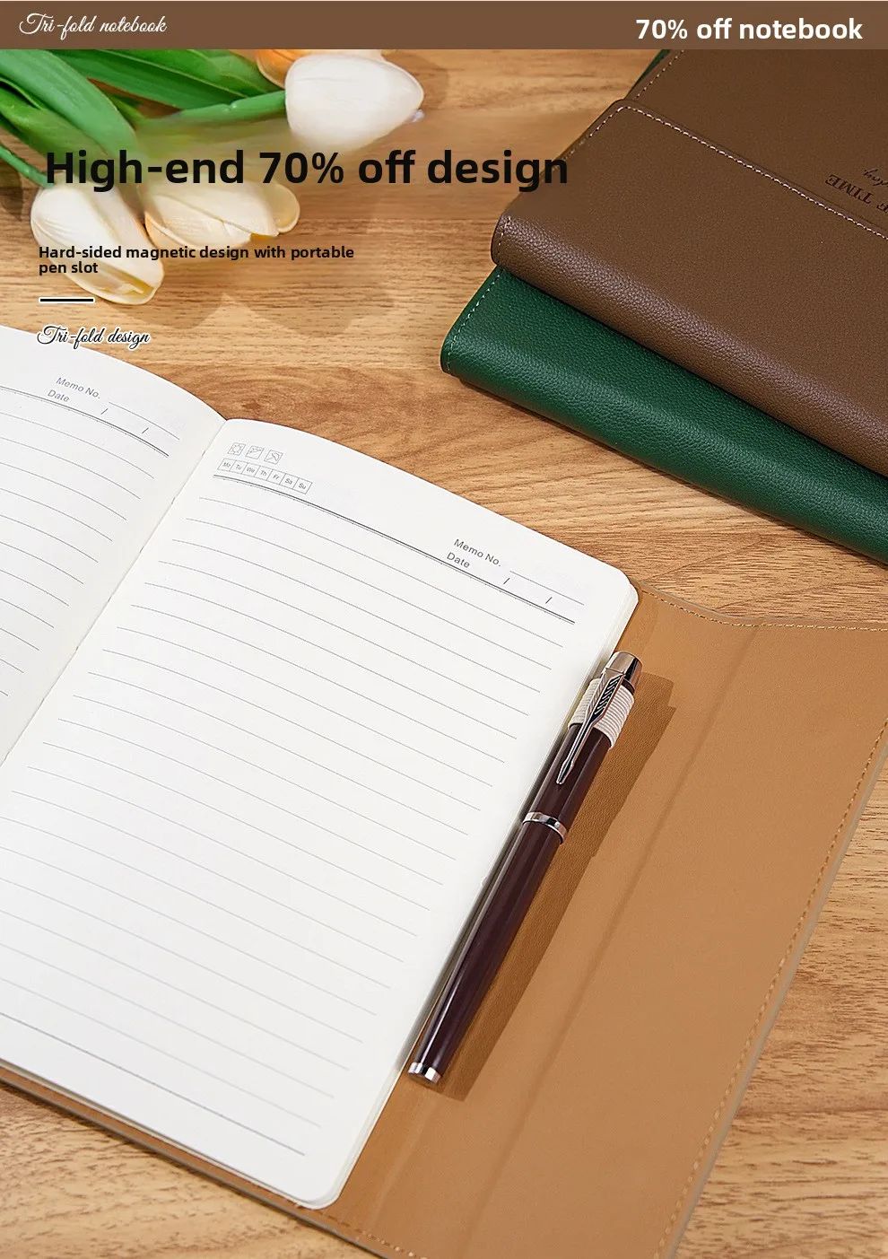 A5 Round-button Tri-fold Notebook PU Lychee-grain Faux Leather Minimalist Business Notepad Saddle-stitch Binding High-appearance, product detail 2