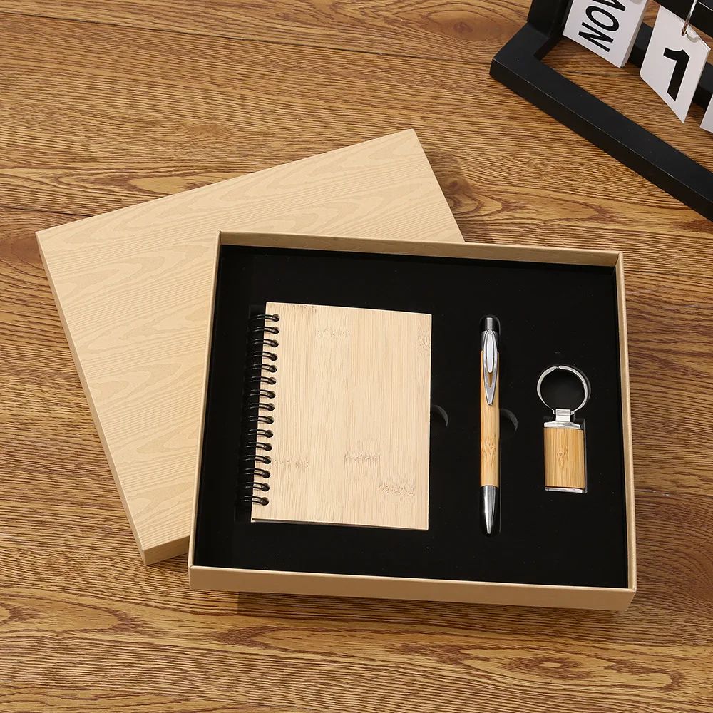 Creative Bamboo Wood Spiral Notebook Business Stationery Supplies Pen Keychain Custom Logo Promotional Gift Set, product detail 2