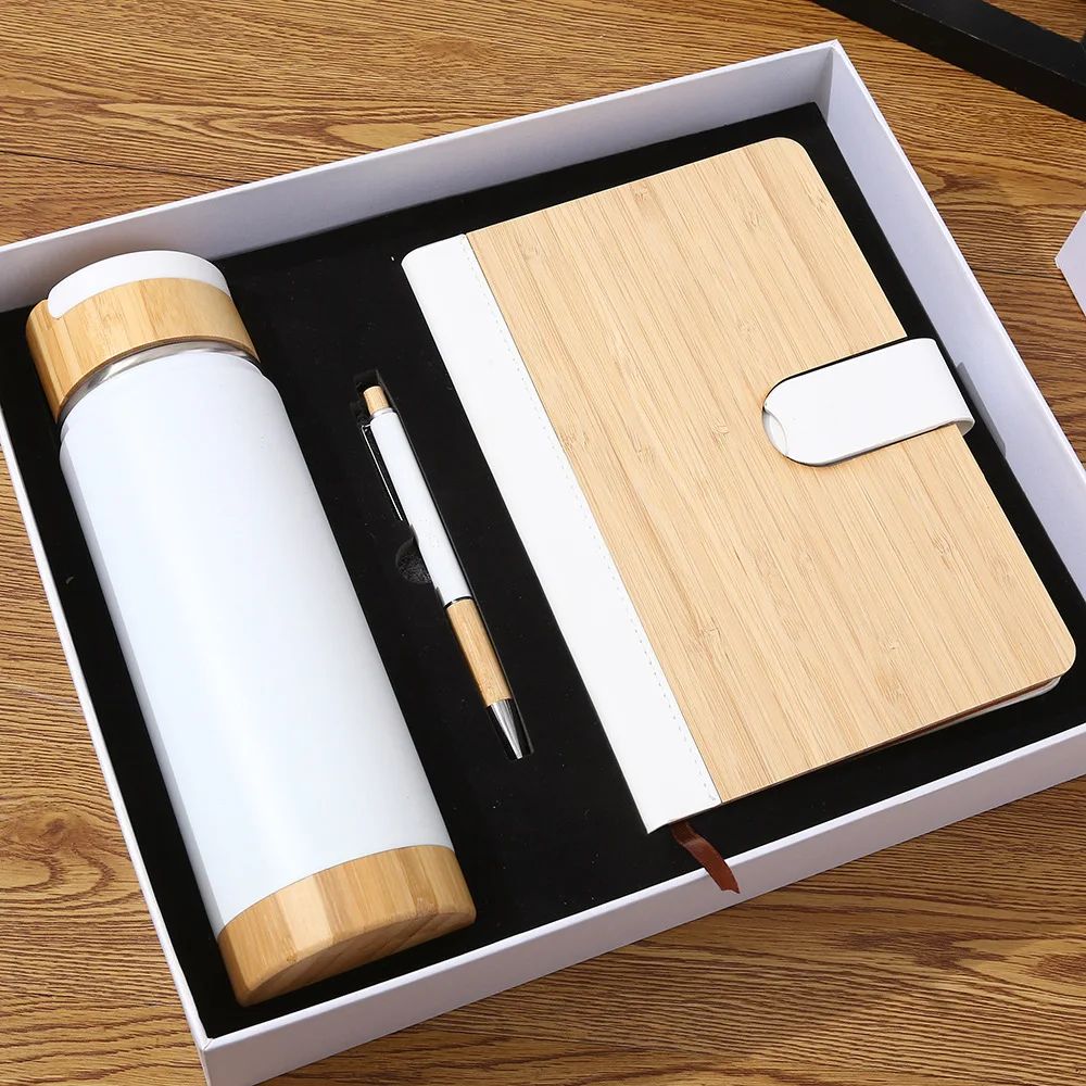 Eco-friendly Minimalist Bamboo Wood Business Notebook Pen Set Thermal Mug Custom Logo Cooperative Meeting Gift Set, product view 1