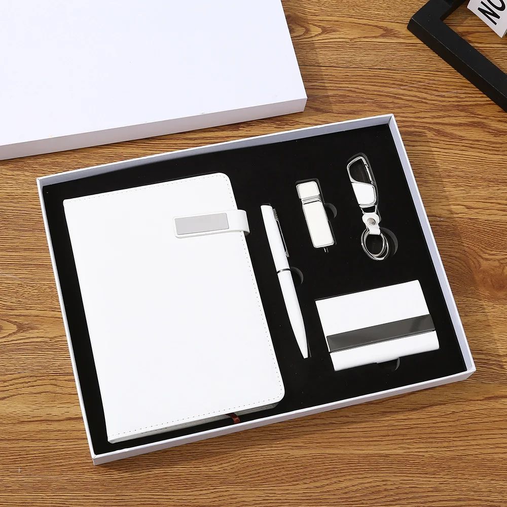 Pure White Business Luxury Set Keychain Pen Name Card Holder Premium USB Flash Drive Notebook OEM Logo Gift Set, product detail 2