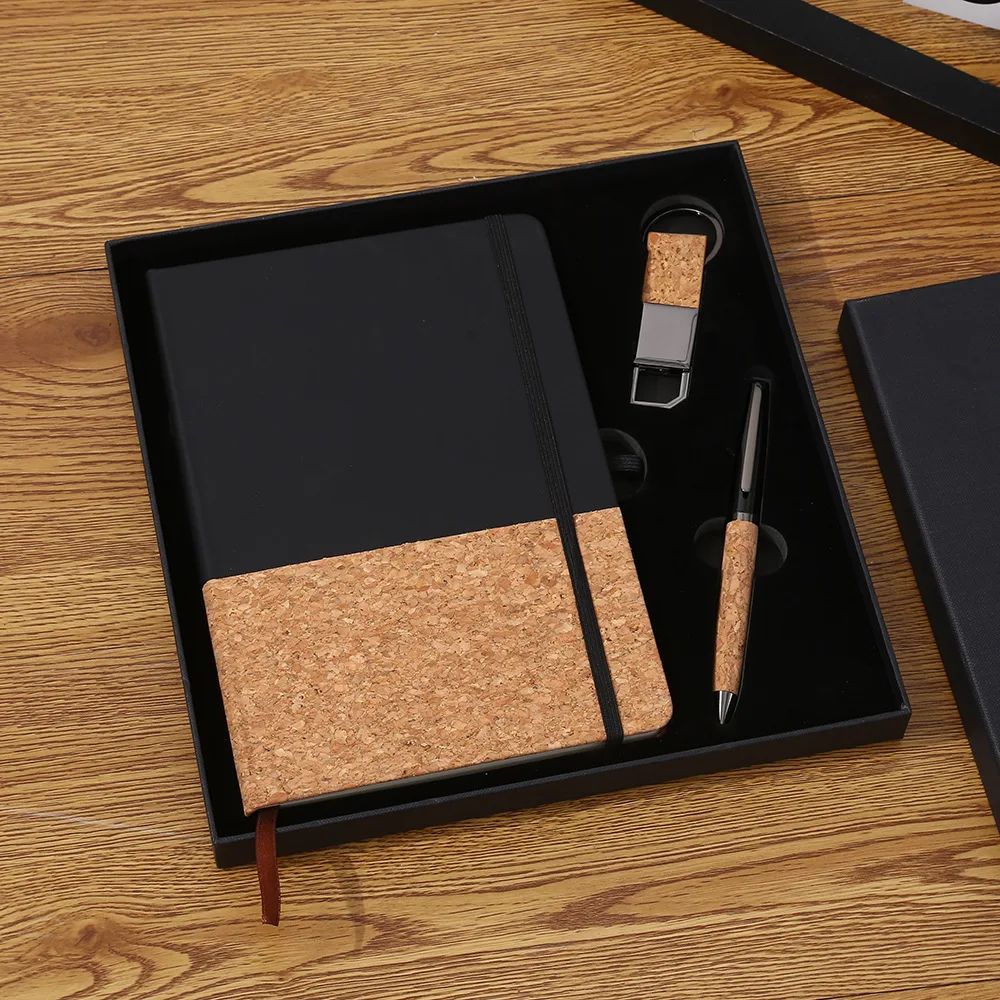 Luxury Business Gift Set Notebook Pu Cork Combine Pen Custom Key Chain Logo OEM Office Cooperate Gift Set, product detail 2