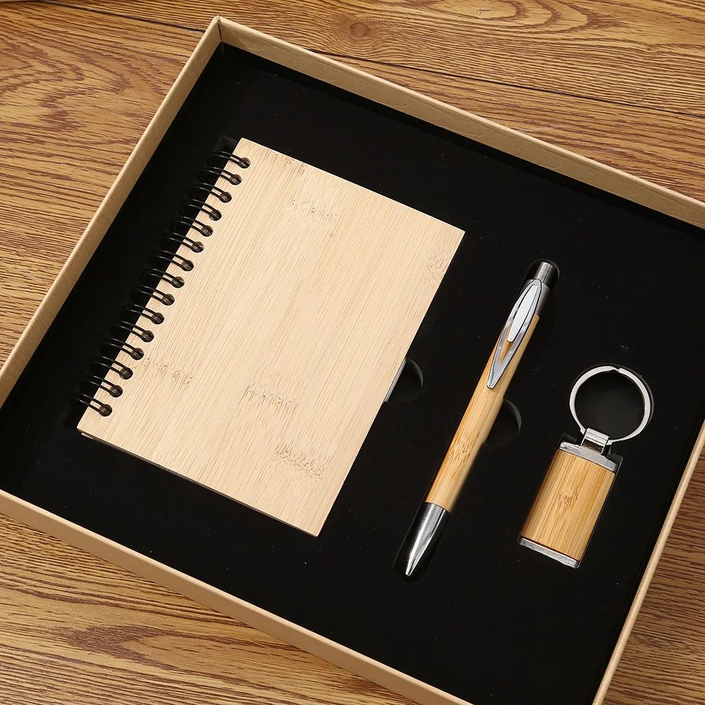 Creative Bamboo Wood Spiral Notebook Business Stationery Supplies Pen Keychain Custom Logo Promotional Gift Set, product detail 3