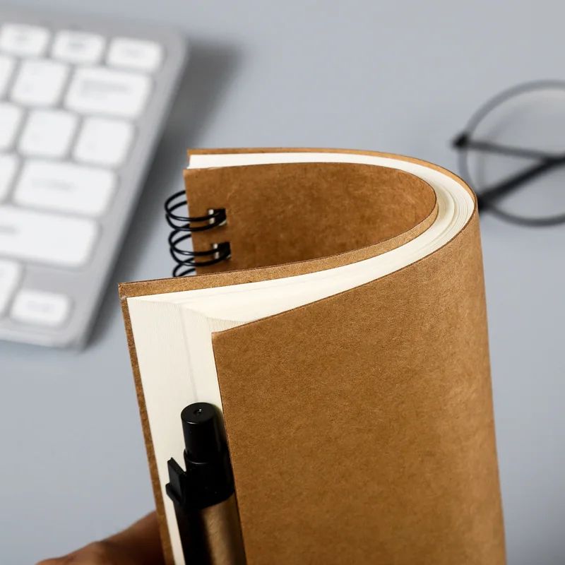 Kraft Paper Spiral Book Dual-Ring Binding Artistic Business-Style Notepad Minimalist Notebook With Pen, product detail 4