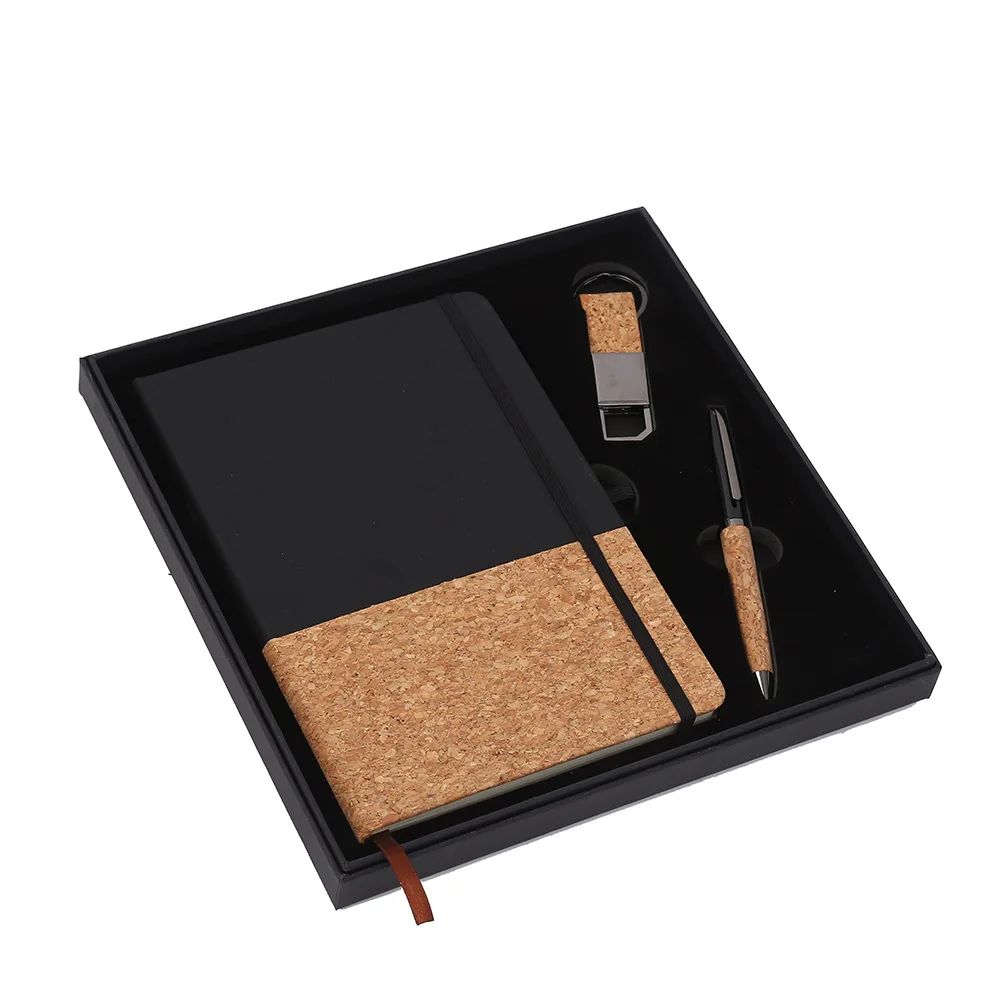 Luxury Business Gift Set Notebook Pu Cork Combine Pen Custom Key Chain Logo OEM Office Cooperate Gift Set, product detail 4
