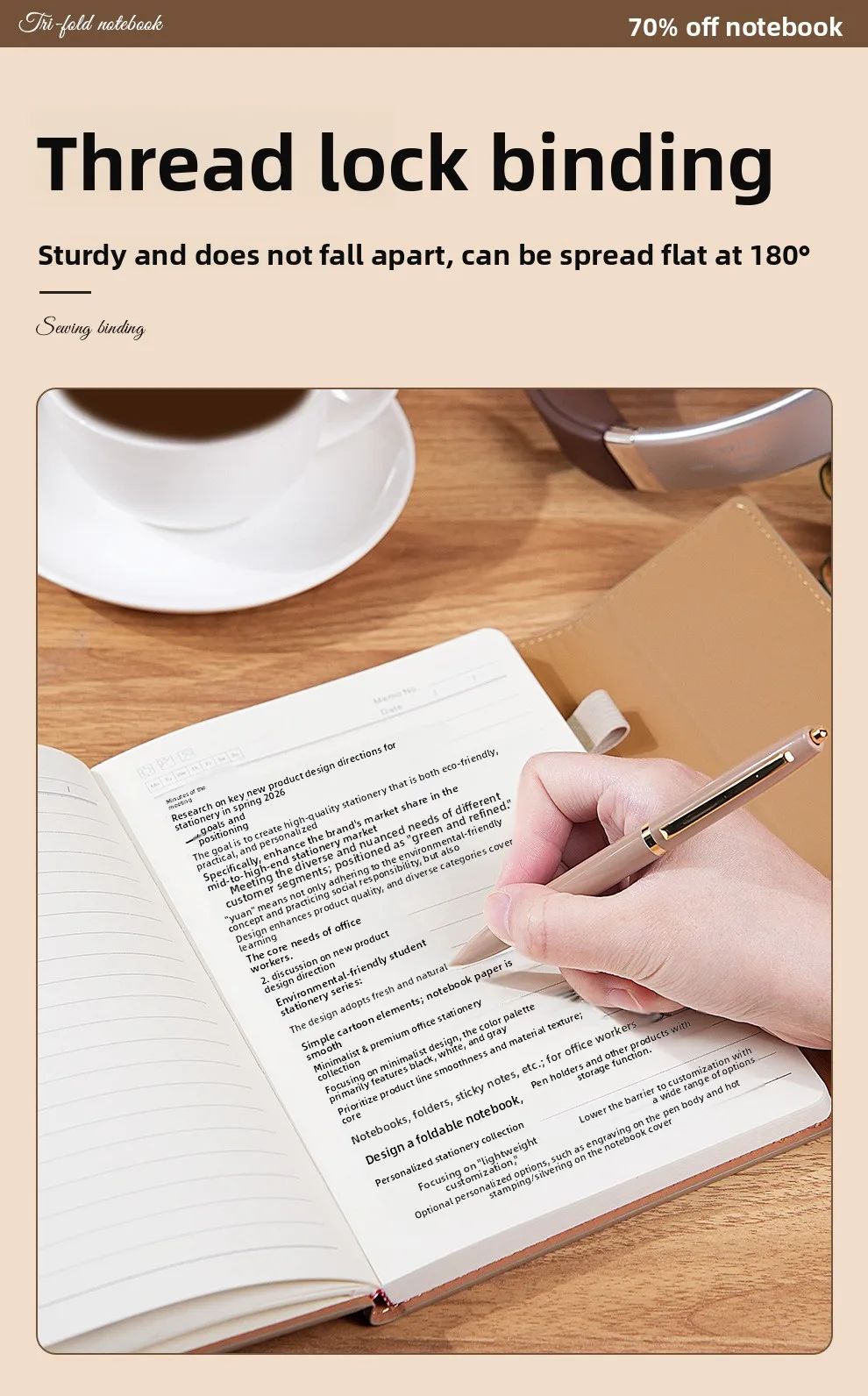 A5 Round-button Tri-fold Notebook PU Lychee-grain Faux Leather Minimalist Business Notepad Saddle-stitch Binding High-appearance, product detail 5