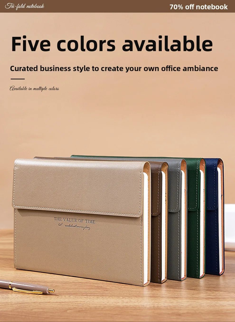 A5 Round-button Tri-fold Notebook PU Lychee-grain Faux Leather Minimalist Business Notepad Saddle-stitch Binding High-appearance, product detail 6