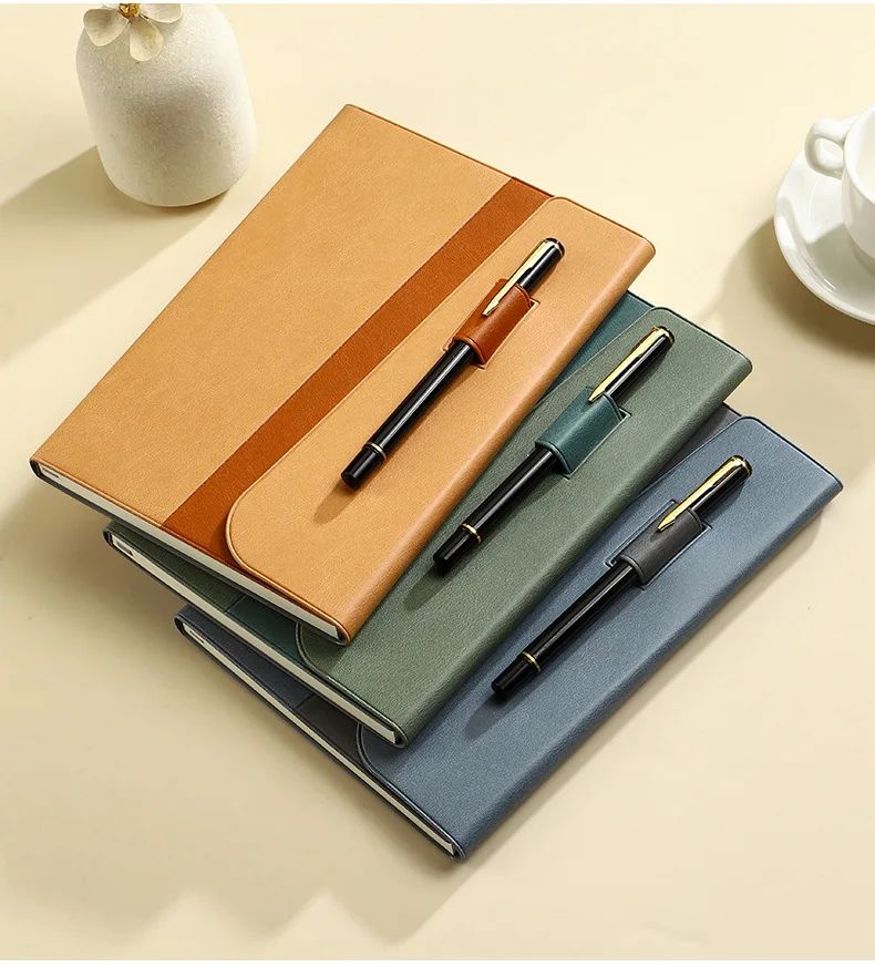 A5 Faux Leather Cover Notepad Snap Closure Tri-Fold Design Pen Holder Office Notebook Corporate Meeting Pad Portable Custom Gift, product detail 6