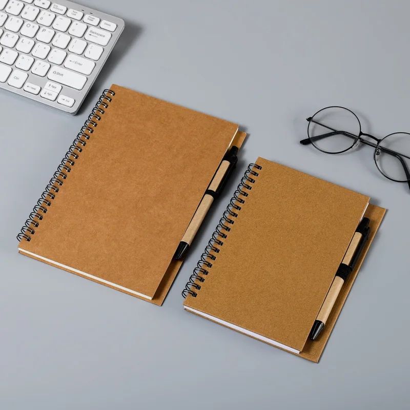 Kraft Paper Spiral Book Dual-Ring Binding Artistic Business-Style Notepad Minimalist Notebook With Pen, product detail 6