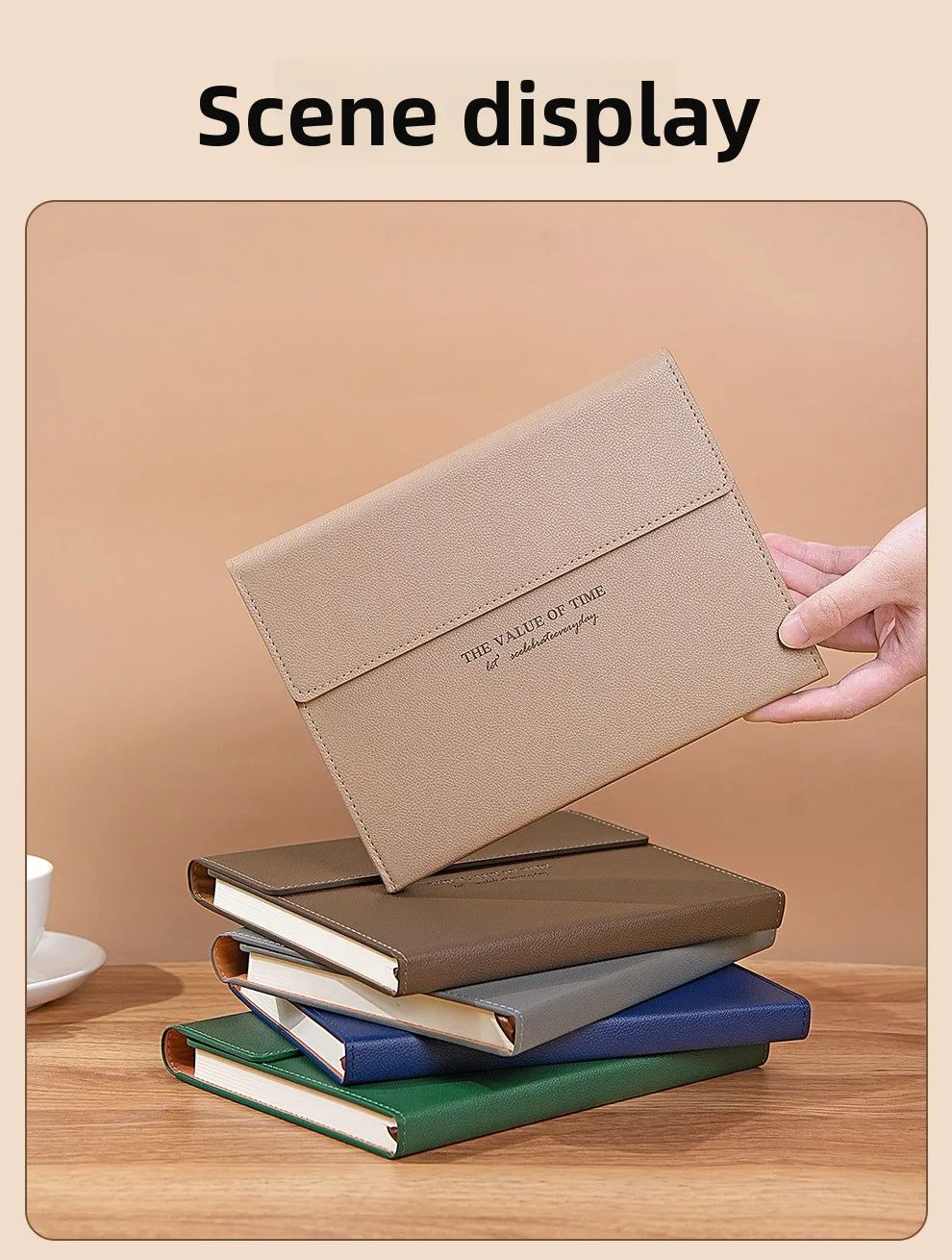 A5 Round-button Tri-fold Notebook PU Lychee-grain Faux Leather Minimalist Business Notepad Saddle-stitch Binding High-appearance, product detail 7