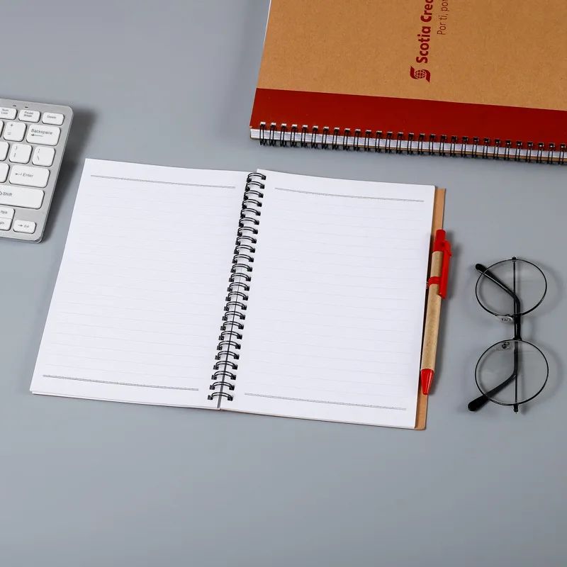 Kraft Paper Spiral Book Dual-Ring Binding Artistic Business-Style Notepad Minimalist Notebook With Pen, product detail 7