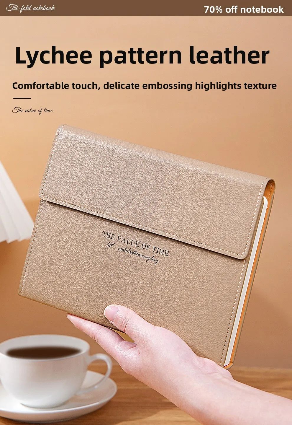 A5 Round-button Tri-fold Notebook PU Lychee-grain Faux Leather Minimalist Business Notepad Saddle-stitch Binding High-appearance, product detail 8