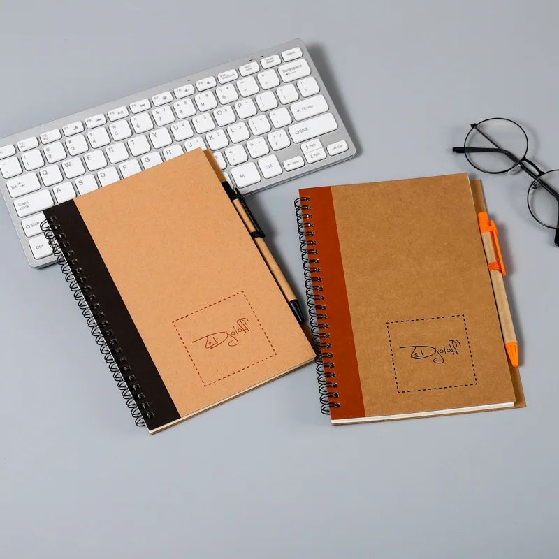 Kraft Paper Spiral Book Dual-Ring Binding Artistic Business-Style Notepad Minimalist Notebook With Pen, product detail 14