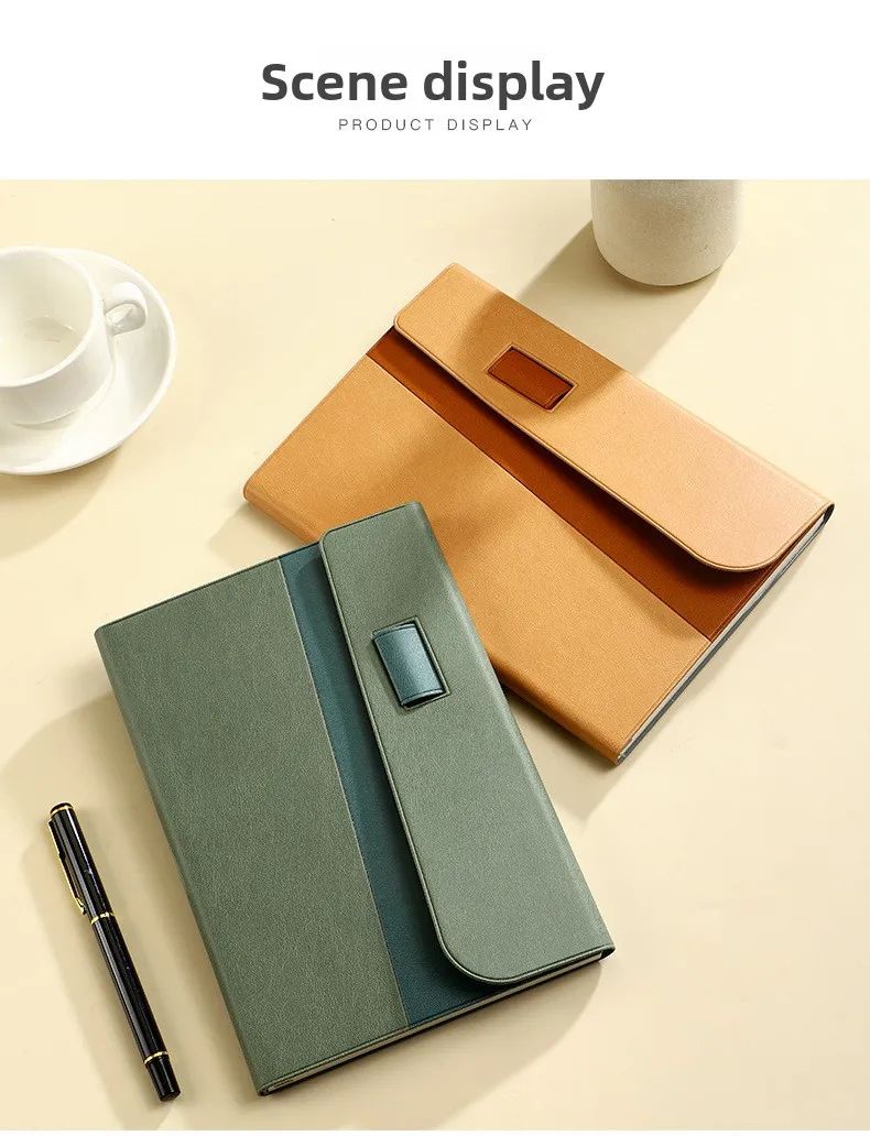 A5 Faux Leather Cover Notepad Snap Closure Tri-Fold Design Pen Holder Office Notebook Corporate Meeting Pad Portable Custom Gift, product detail 16