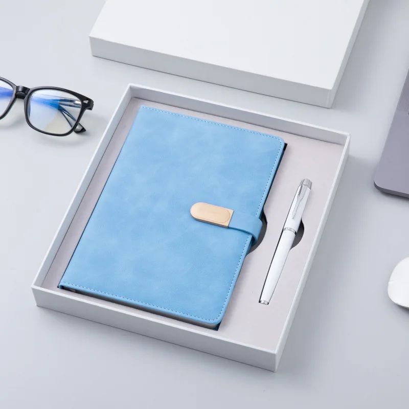 Simple Blue A5 Paper Notebook Ballpoint Pen Set with logo Printing Gift Box for Business Office Meetings, product view 1