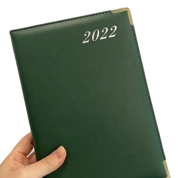 Custom Diary A5 Pu Leather With Map Agenda Notebook Gold Edge and Metal Corner Green Color, product view 1