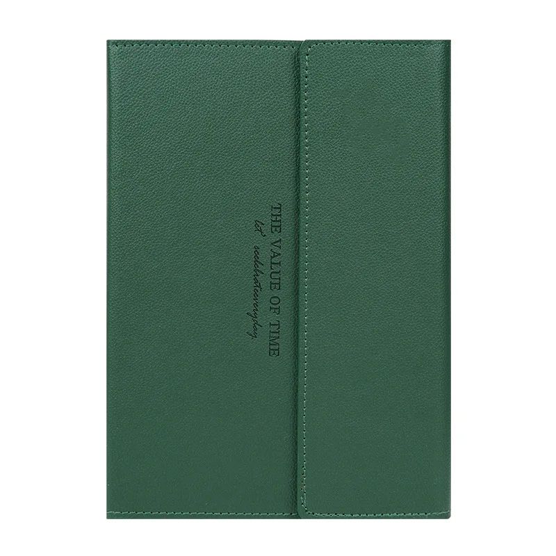 A5 Round-button Tri-fold Notebook PU Lychee-grain Faux Leather Minimalist Business Notepad Saddle-stitch Binding High-appearance, product view 1