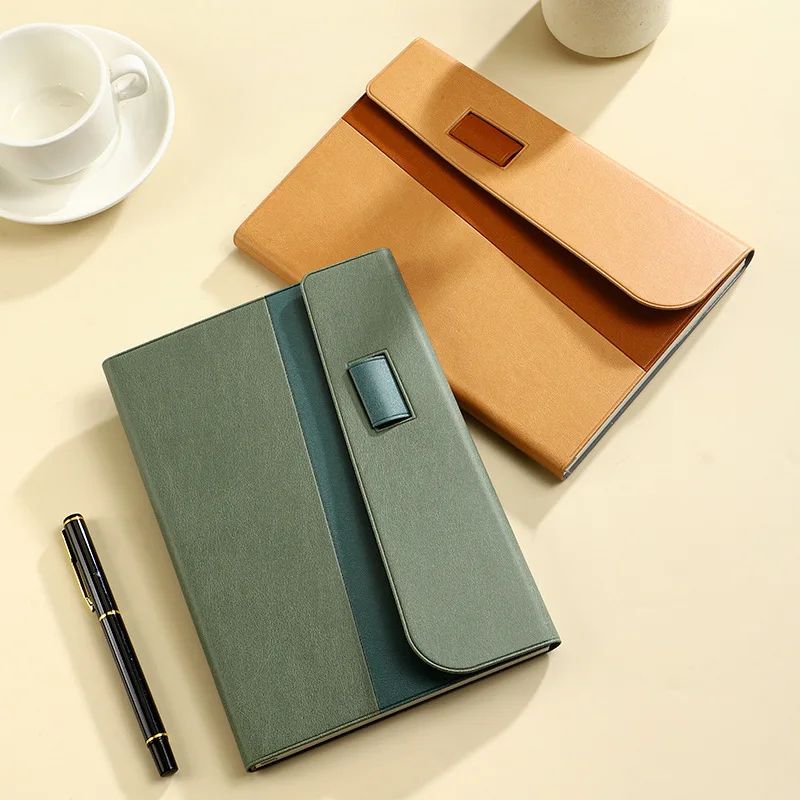 A5 Faux Leather Cover Notepad Snap Closure Tri-Fold Design Pen Holder Office Notebook Corporate Meeting Pad Portable Custom Gift, product view 1