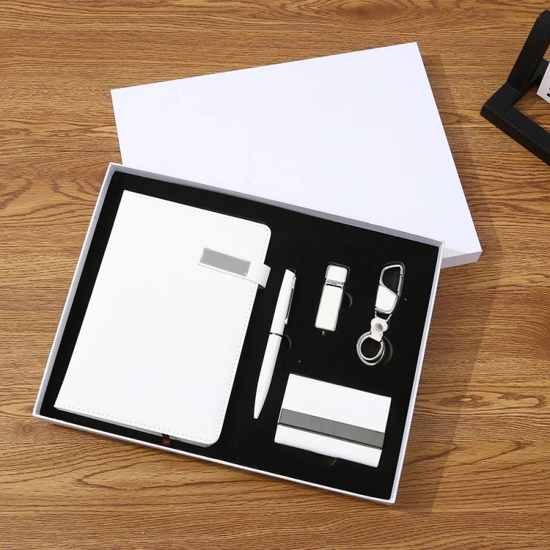 Pure White Business Luxury Set Keychain Pen Name Card Holder Premium USB Flash Drive Notebook OEM Logo Gift Set, product view 1