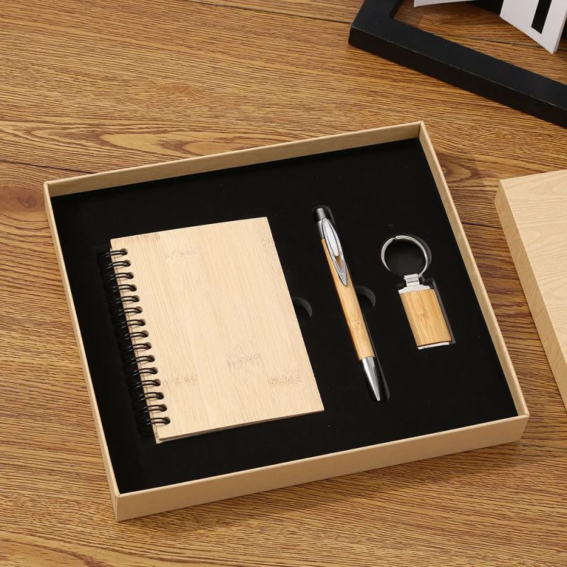 Creative Bamboo Wood Spiral Notebook Business Stationery Supplies Pen Keychain Custom Logo Promotional Gift Set, product view 1